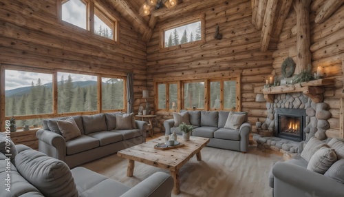 Modern living room in a chalet-style Scandinavian home, featuring a sofa adorned with grey cushions and a tree stump coffee table with candles, set against a window offering views of the forest.