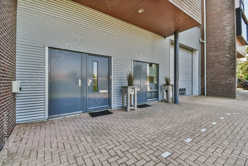 Modern commercial building entrance with metallic door photo