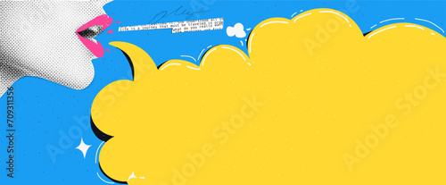 Vector collage grunge banner. Female announcing crazy promotions. Doodle elements on retro poster. Stylish modern advertising poster design with space for text