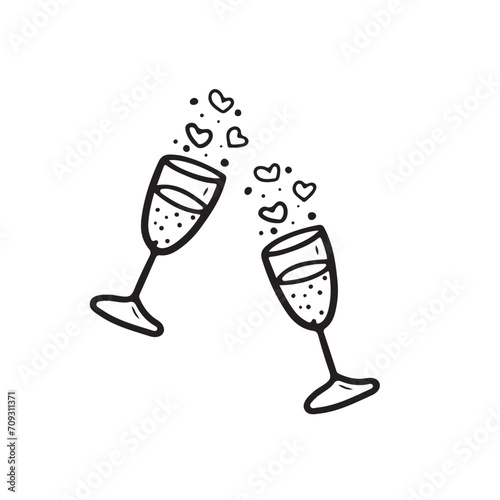 Two clinking glasses with sparkling wine, champagne and vices of love in black isolated on white background. Hand drawn vector sketch illustration in doodle vintage engraved outline, line art style.