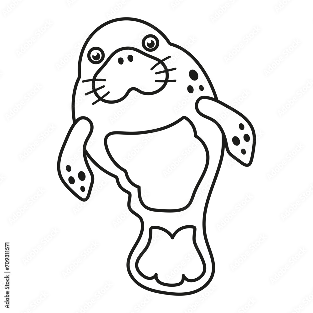 Fototapeta premium black and white cartoon manatee, linear vector illustration isolated on white background, sea animal