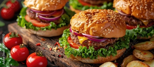 Wallpaper Mural Various burgers featuring cheese, beef, double cheese, classic, chicken, and fish, accompanied by salad, cherry tomatoes, potatoes, and pepper & onion. Torontodigital.ca