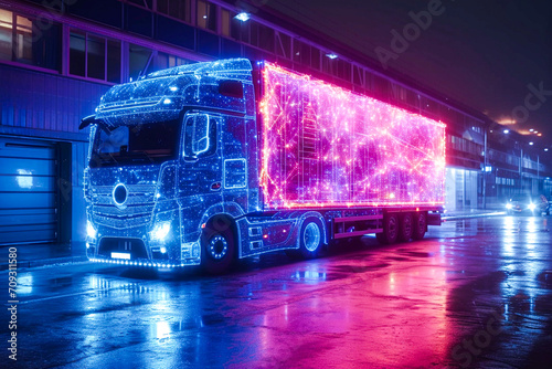 Neon outline truck. Illustration with holographic cargo truck vehicle