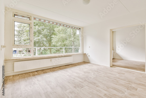 Bright and spacious empty room with large windows photo