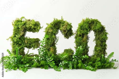 Lettering ECO made of green grass and moss, isolated on white background