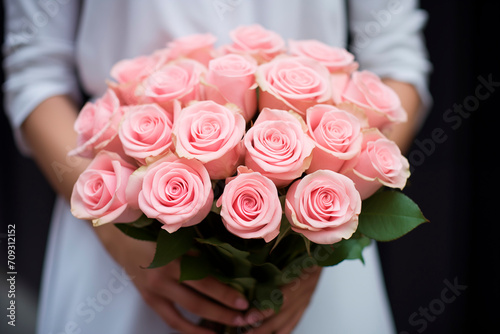 large beautiful mono bouquet of pink roses in the hands of a woman close-up. cropped shot of female hands holding bouquet.