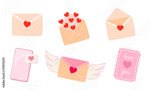 Valentine's day set of love letter envelopes, mobile phone and greeting card with heart and love message. Vector cartoon illustration element for holiday patterns, packaging, designs © Katerina