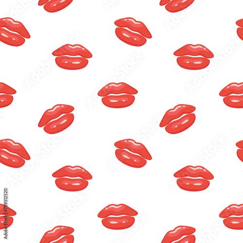 Bright seamless pattern with cartoon lips and red lipstick kiss. Vector background illustration for Valentine's day decoration