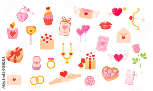 Big Valentine's day set with bright cartoon elements of love symbols. Love letter, envelope, heart, engagement rings, jewelry box, cupcake, lollipop, lock and key, gift, candle, rose, flower, balloon