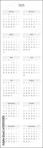 Monthly calendar of year 2025. Week starts on Monday. Block of months in two columns vertical arrangement. Simple thin minimalist design. Vector illustration.