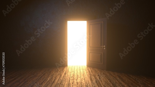 Light shines from door opening in dark room photo