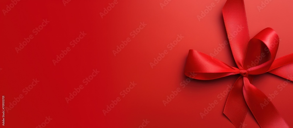 Red ribbon isolated on a red background for world aids day, World cancer design concept. Generate AI - obrazy, fototapety, plakaty 