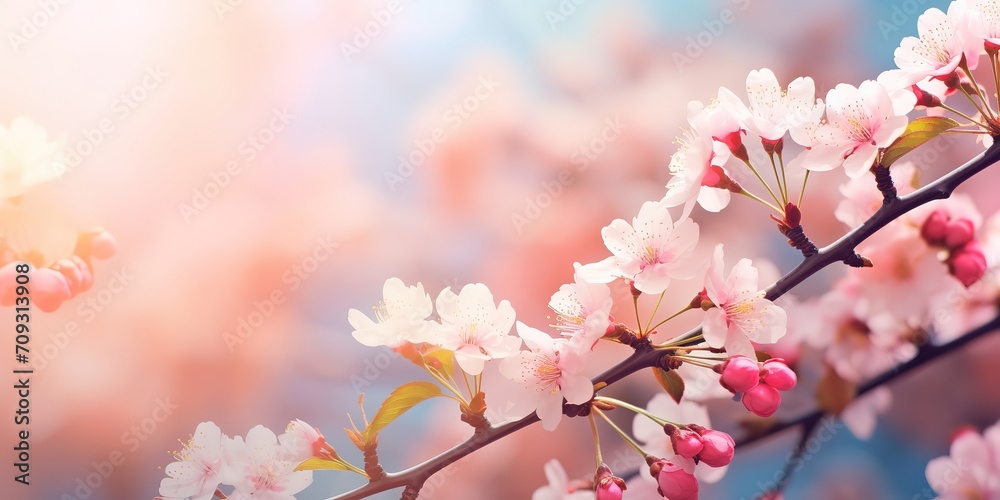 Fototapeta premium soft focus soft light illustration of beautiful pink cherry blossom flowers, generative Ai 