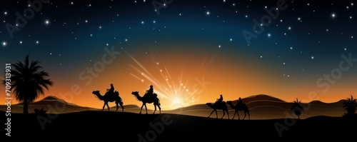 silhouette men riding a camel along the star path