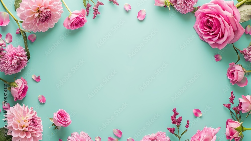 A creative composition of pink roses and dahlia flowers arranged around the edges of a pastel turquoise background, leaving space in the center for text or other elements. A creative composition of pink roses and dahlia flowers arranged around the edges of a pastel turquoise background, leaving space in the center for text or other elements.