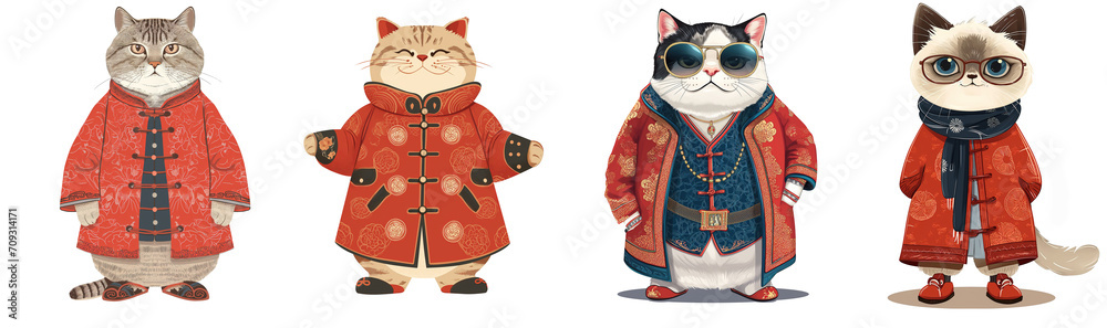 adorable fat cat wearing red Chinese long robe style outfit,  Chinese new year cartoon, isolated on white background collection set four, Generative Ai