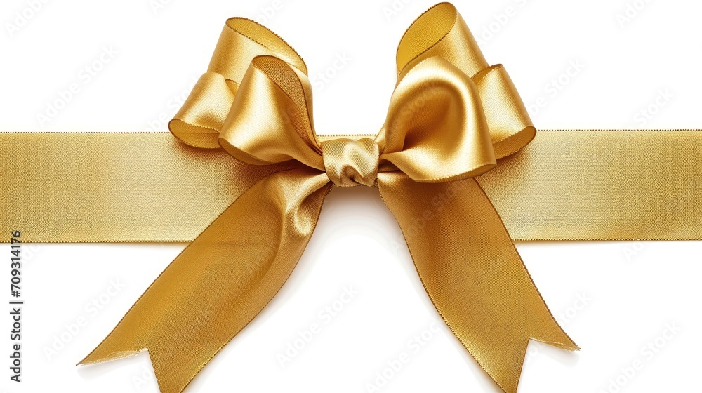 Fototapeta premium An elegant golden ribbon tied in a bow on a white background