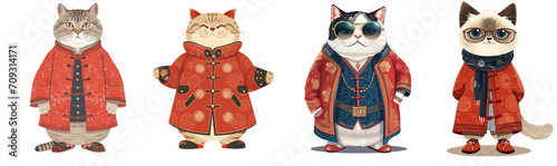 adorable fat cat wearing red Chinese long robe style outfit, Chinese new year cartoon, isolated on white background collection set four, Generative Ai