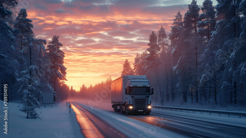 Cargo truck on a highway in winter landscape against sunset