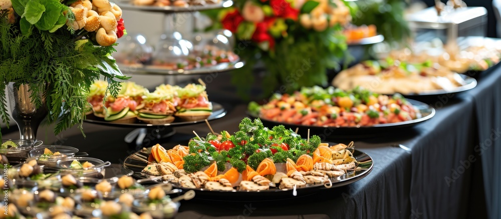 Holiday catering for restaurant business with a black tablecloth banquet table and appetizers.
