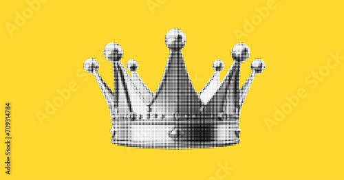 Black and white vintage crown in halftone effect. Elements for collage. Dadaism style. Vector trendy illustration from 3d on yellow background. photo