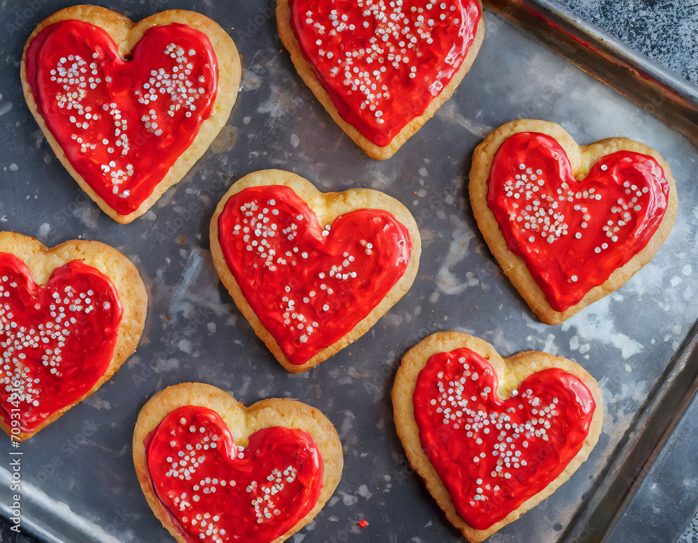 a pan of red-frosted heart-shaped cookies