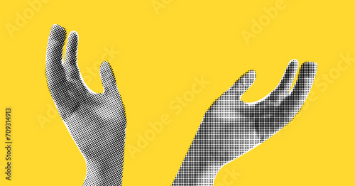 Hands in halftones treatment for collage on yellow background. Side view as if holding something, Hand up in the air catches something, vector trendy illustration in dot like pop art.
