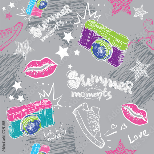 Abstract seamless pattern for girls. Modern background for boys and girls. Seamless background. Wallpaper for girls. Repeated pattern with camera, lips, shoes. Summer backdrop. Chaotic background.