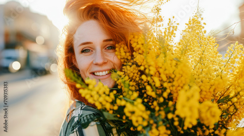 Young cheerful smiling red hair woman holding big bunch of spring mimosa yellow flowers looking at camera standing on street  © Юлия Блажук
