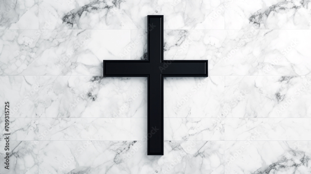 Black cross on a white Carrara marble background