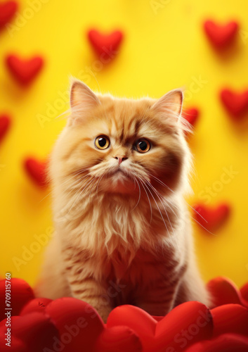 Portrait of a cute ginger cat surrounded by red hearts