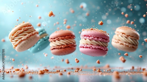 Sweet macaroons macarons with crumbs falling flying isolated on blue background.