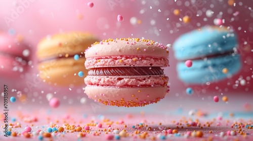 Sweet macaroons macarons with crumbs falling flying isolated on pink background.