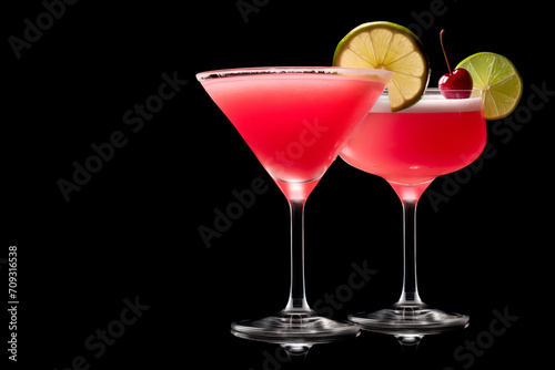 Set of strawberry daiquiri garnished with slice of lime on a black background. Classic Hemingway cocktail