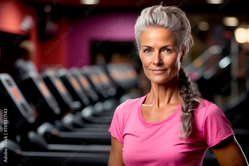 Photo of happy elderly woman at gym after training, mature female with arms crossed proud about wellness and health. Photo of happy elderly woman at gym after training, mature female with arms crossed proud about wellness and health.