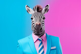 portrait of a Anthropomorphic zebra in a beautiful elegant jacket on a plain color background in the studio. Creative animal concept.