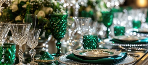 Stunning emerald table setting for celebrations like weddings or parties.