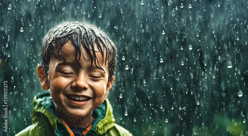 Ein Junge hat Spaß und steht im Regen, die Tropfen Wasser durchnässen ihn und er genießt die feuchte Abkühlung lächelnd wie eine Dusche
