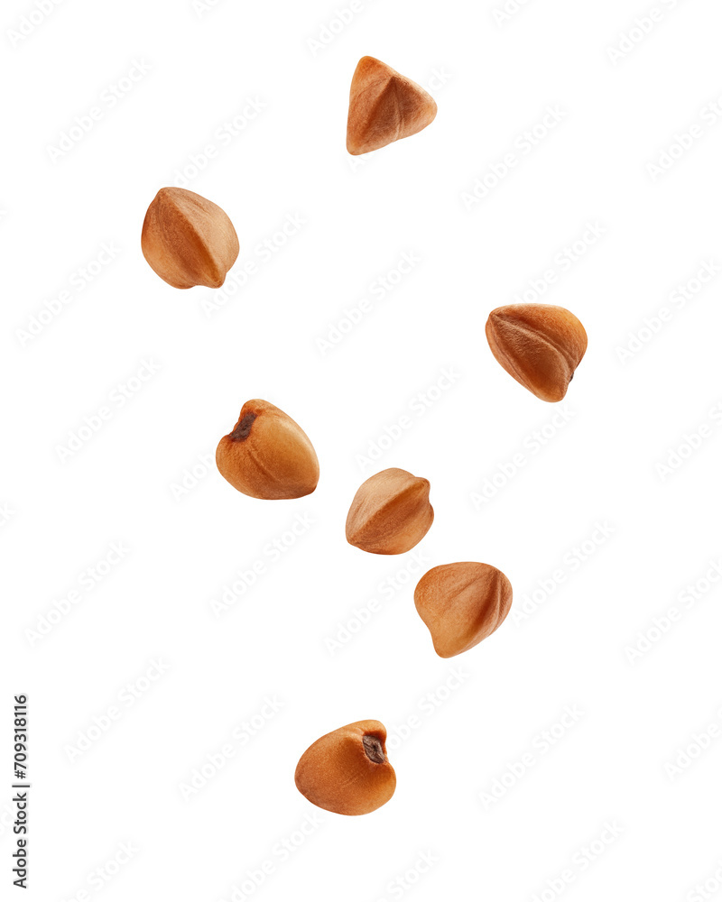 Falling Buckwheat isolated on white background, full depth of field Falling Buckwheat isolated on white background, full depth of field