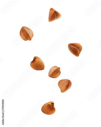 Falling Buckwheat isolated on white background, full depth of field