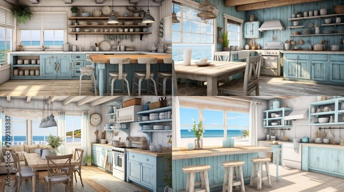 A beachfront cottage kitchen with coastal blues, weathered wood, and seashell decor © MuhammadUmar