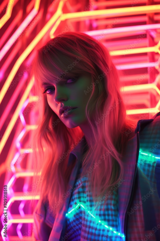 Fashionable Woman with Neon Lights in Modern Setting