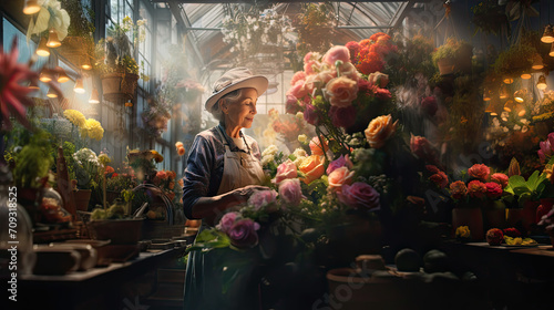 Florist arranging flowers in a sunlit greenhouse full of blooming plants