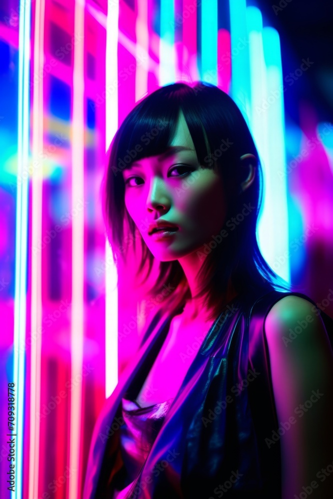 Young woman posing with vibrant neon lighting