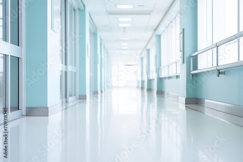 Modern hospital hallway with bright lighting and clean floors