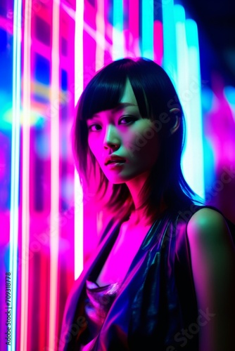 Young woman posing with vibrant neon lighting