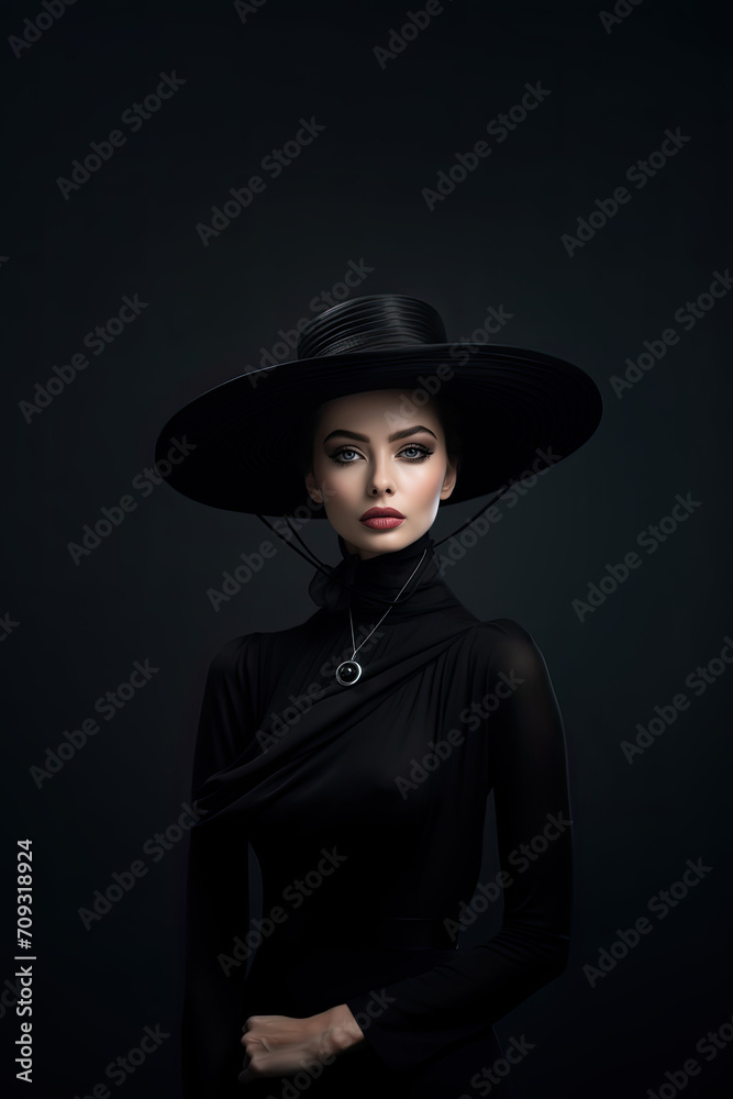 Striking Fashion Portrait of a Model in a Black Turtleneck and Wide-Brimmed Hat with a Circular Pendant Striking Fashion Portrait of a Model in a Black Turtleneck and Wide-Brimmed Hat with a Circular Pendant