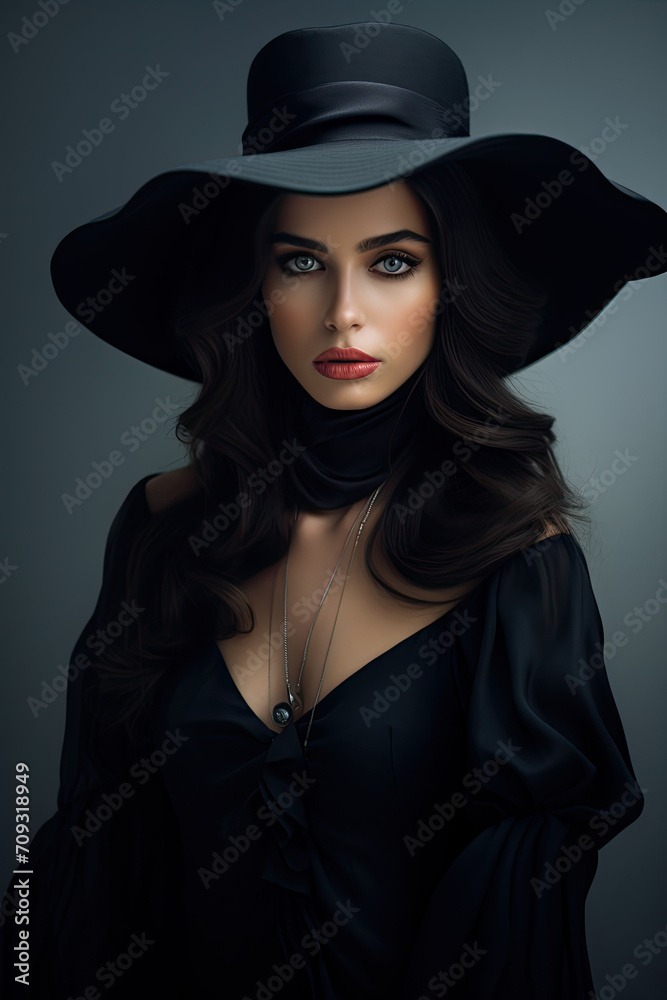 Captivating Fashion Portrait of a Woman in a Black Wide-Brimmed Hat and Elegant Attire with a Pendant Necklace Captivating Fashion Portrait of a Woman in a Black Wide-Brimmed Hat and Elegant Attire with a Pendant Necklace
