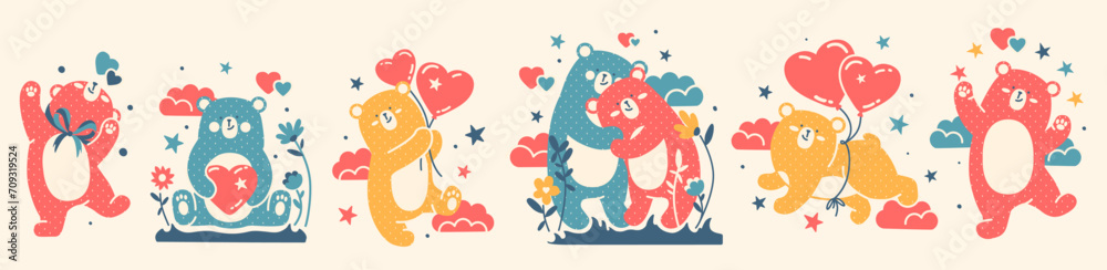 Large Doodle vector collection of funny, cute bears and hearts. Love, happiness concept for Valentine's Day, 14 February. Naive flat illustration. Hand drawn Scandinavian style. - obrazy, fototapety, plakaty 