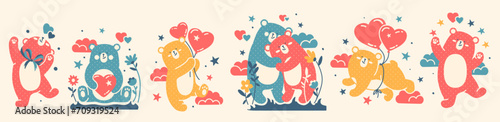 Large Doodle vector collection of funny  cute bears and hearts. Love  happiness concept for Valentine s Day  14 February. Naive flat illustration. Hand drawn Scandinavian style.